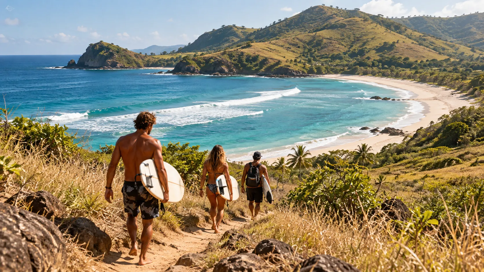 Surfers walking down a hillside path toward a palm-lined bay — illustrative artwork, not a confirmed Senggigi location.