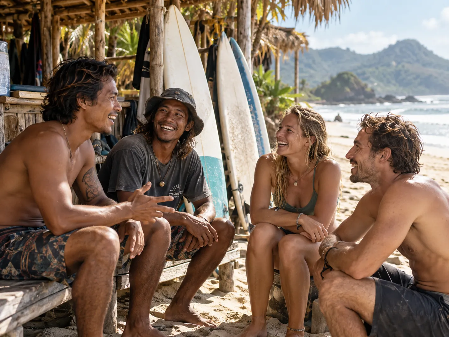 A small group laughing together on the beach beside their surfboards — illustrative atmosphere image, not the real coaching team.